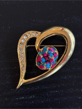 Gold Heart Pin Brooch with Pink and Teal Woven Accent